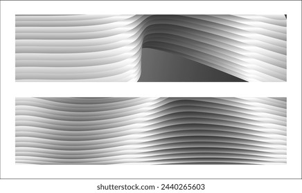 Monochrome cover design, abstract background. Wavy silver parallel gradient lines, ribbons, silk. Set of 2 backgrounds. Black and white with shades of gray banner, poster. eps vector
