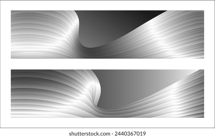 Monochromes Cover-Design, abstrakter Hintergrund. Wellenförmige silberne parallele Gradientenlinien, Bänder, Seide. Satz von 2 Hintergründen. Schwarz-Weiß mit Schattierungen von grauem Banner, Poster. eps Vektor