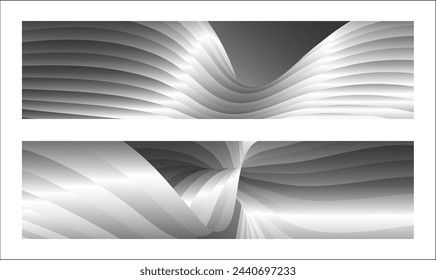 Diseño monocromo de la cubierta, fondo abstracto. Líneas de degradado paralelas de plata ondulada, cintas, seda. Conjunto de 2 fondos. Blanco y negro con tonos de banner gris, cartel. eps vector
