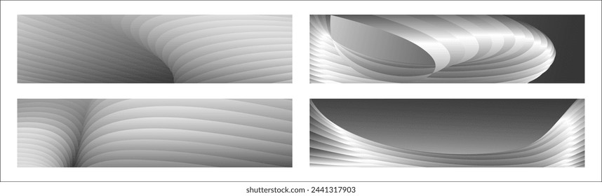 Monochrome cover design, abstract background. Wavy silver parallel gradient lines, ribbons, silk. Set of 4 backgrounds. Black and white with shades of gray banner, poster. eps vector