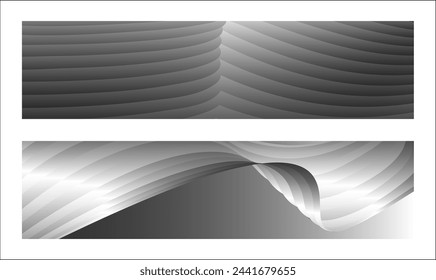Monochrome cover design, abstract background. Wavy silver parallel gradient lines, ribbons, silk. Set of 2 backgrounds. Black and white with shades of gray banner, poster. eps vector