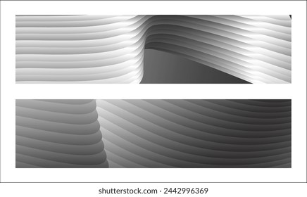 Monochrome cover design, abstract background. Wavy silver parallel gradient lines, ribbons, silk. Set of 2 backgrounds. Black and white with shades of gray banner, poster. eps vector