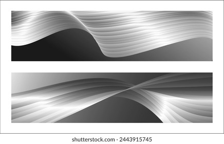 Diseño monocromo de la cubierta, fondo abstracto. Líneas de degradado paralelas de plata ondulada, cintas, seda. Conjunto de 2 fondos. Blanco y negro con tonos de banner gris, cartel. eps vector