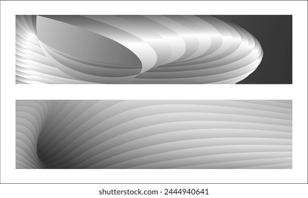 Diseño monocromo de la cubierta, fondo abstracto. Líneas de degradado paralelas de plata ondulada, cintas, seda. Conjunto de 2 fondos. Blanco y negro con tonos de Anuncio gris, cartel. eps Vector