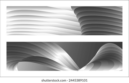 Monochrome cover design, abstract background. Wavy silver parallel gradient lines, ribbons, silk. Set of 2 backgrounds. Black and white with shades of gray banner, poster. eps vector
