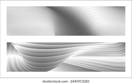 Diseño monocromo de la cubierta, fondo abstracto. Líneas de degradado paralelas de plata ondulada, cintas, seda. Conjunto de 2 fondos. Blanco y negro con tonos de Anuncio gris, cartel. eps Vector