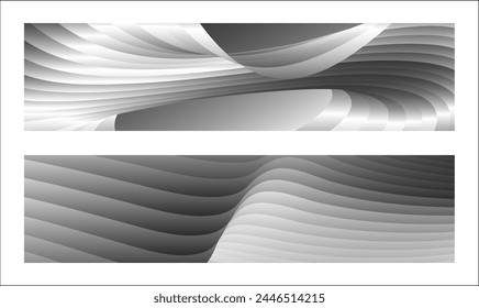Monochrome cover design, abstract background. Wavy silver parallel gradient lines, ribbons, silk. Set of 2 backgrounds. Black and white with shades of gray banner, poster. eps vector