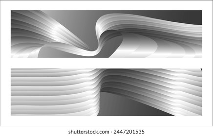 Diseño monocromo de la cubierta, fondo abstracto. Líneas de degradado paralelas de plata ondulada, cintas, seda. Conjunto de 2 fondos. Blanco y negro con tonos de Anuncio gris, cartel. eps Vector