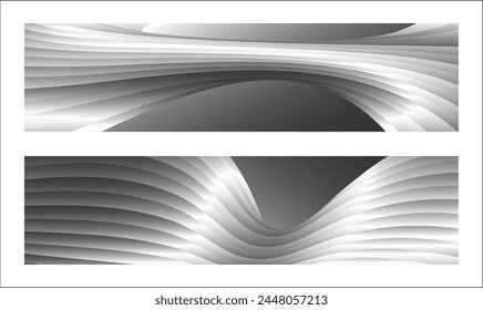 Monochrome cover design, abstract background. Wavy silver parallel gradient lines, ribbons, silk. Set of 2 backgrounds. Black and white with shades of gray banner, poster. eps vector