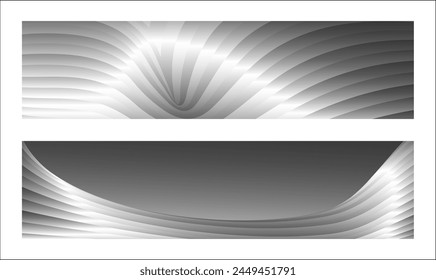Monochrome cover design, abstract background. Wavy silver parallel gradient lines, ribbons, silk. Set of 2 backgrounds. Black and white with shades of gray banner, poster. eps vector