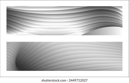 Diseño monocromo de la cubierta, fondo abstracto. Líneas de degradado paralelas de plata ondulada, cintas, seda. Conjunto de 2 fondos. Blanco y negro con tonos de Anuncio gris, cartel. eps Vector