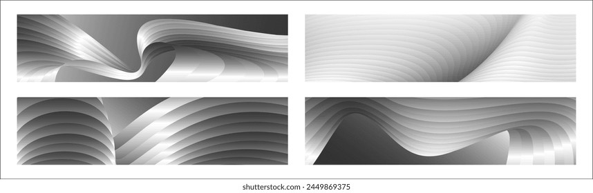 Monochrome cover design, abstract background. Wavy silver parallel gradient lines, ribbons, silk. Set of 4 backgrounds. Black and white with shades of gray banner, poster. eps vector