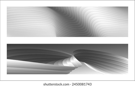 Monochrome cover design, abstract background. Wavy silver parallel gradient lines, ribbons, silk. Set of 2 backgrounds. Black and white with shades of gray banner, poster. eps vector
