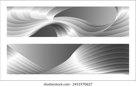 Monochrome cover design, abstract background. Wavy silver parallel gradient lines, ribbons, silk. Set of 2 backgrounds. Black and white with shades of gray banner, poster. eps vector
