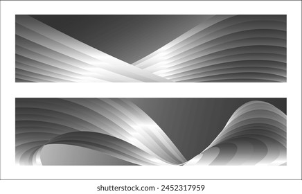 Monochrome cover design, abstract background. Wavy silver parallel gradient lines, ribbons, silk. Set of 2 backgrounds. Black and white with shades of gray banner, poster. eps vector