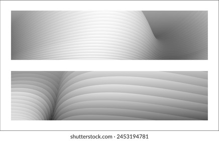 Monochrome cover design, abstract background. Wavy silver parallel gradient lines, ribbons, silk. Set of 2 backgrounds. Black and white with shades of gray banner, poster. eps vector