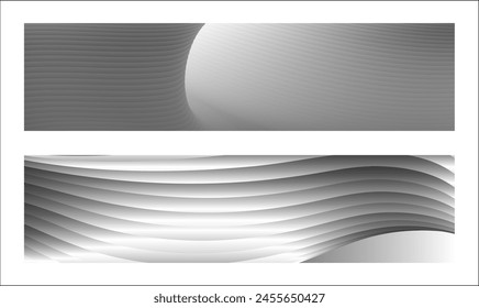 Monochrome cover design, abstract background. Wavy silver parallel gradient lines, ribbons, silk. Set of 2 backgrounds. Black and white with shades of gray banner, poster. eps vector