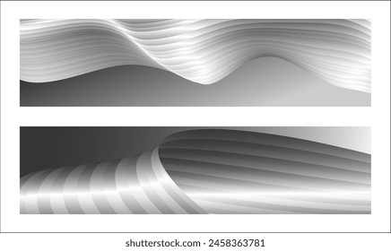 Monochrome cover design, abstract background. Wavy silver parallel gradient lines, ribbons, silk. Set of 2 backgrounds. Black and white with shades of gray banner, poster. eps vector