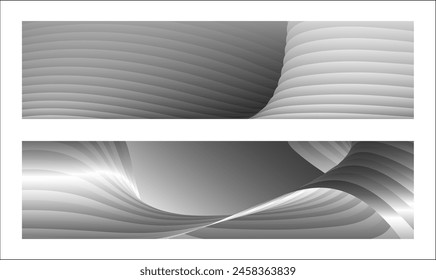 Monochrome cover design, abstract background. Wavy silver parallel gradient lines, ribbons, silk. Set of 2 backgrounds. Black and white with shades of gray banner, poster. eps vector