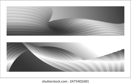 Monochrome cover design, abstract background. Wavy silver parallel gradient lines, ribbons, silk. Set of 2 backgrounds. Black and white with shades of gray banner, poster. eps vector