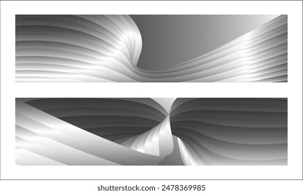 Monochrome cover design, abstract background. Wavy silver parallel gradient lines, ribbons, silk. Set of 2 backgrounds. Black and white with shades of gray banner, poster. eps vector