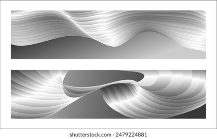 Monochrome cover design, abstract background. Wavy silver parallel gradient lines, ribbons, silk. Set of 2 backgrounds. Black and white with shades of gray banner, poster. eps vector