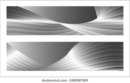 Monochromes Cover-Design, abstrakter Hintergrund. Wellenförmige silberne parallele Gradientenlinien, Bänder, Seide. Satz von 2 Hintergründen. Schwarz-Weiß mit grauen Bannern, Poster. eps Vektorgrafik