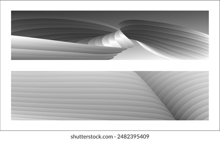 Monochrome cover design, abstract background. Wavy silver parallel gradient lines, ribbons, silk. Set of 2 backgrounds. Black and white with shades of gray banner, poster. eps vector