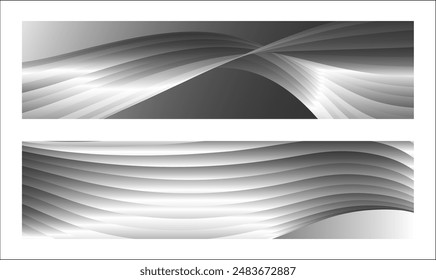 Monochrome cover design, abstract background. Wavy silver parallel gradient lines, ribbons, silk. Set of 2 backgrounds. Black and white with shades of gray banner, poster. eps vector