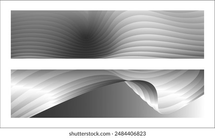 Monochrome cover design, abstract background. Wavy silver parallel gradient lines, ribbons, silk. Set of 2 backgrounds. Black and white with shades of gray banner, poster. eps vector