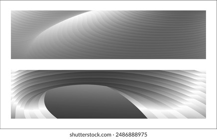 Diseño monocromo de la cubierta, fondo abstracto. Líneas de degradado paralelas de plata ondulada, cintas, seda. Conjunto de 2 fondos. Blanco y negro con tonos de Anuncio gris, cartel. eps Vector