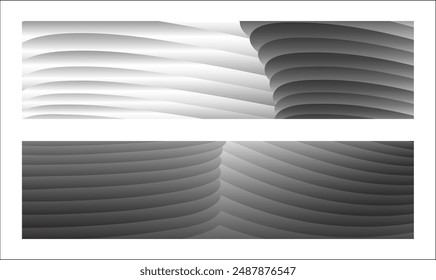 Diseño monocromo de la cubierta, fondo abstracto. Líneas de degradado paralelas de plata ondulada, cintas, seda. Conjunto de 2 fondos. Blanco y negro con tonos de Anuncio gris, cartel. eps Vector
