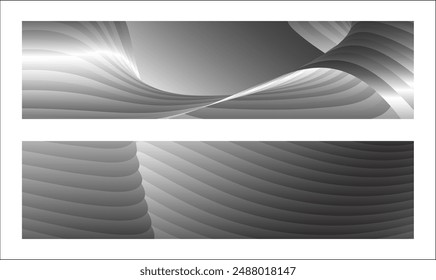 Monochrome cover design, abstract background. Wavy silver parallel gradient lines, ribbons, silk. Set of 2 backgrounds. Black and white with shades of gray banner, poster. eps vector