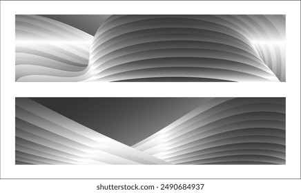 Monochrome cover design, abstract background. Wavy silver parallel gradient lines, ribbons, silk. Set of 2 backgrounds. Black and white with shades of gray banner, poster. eps vector