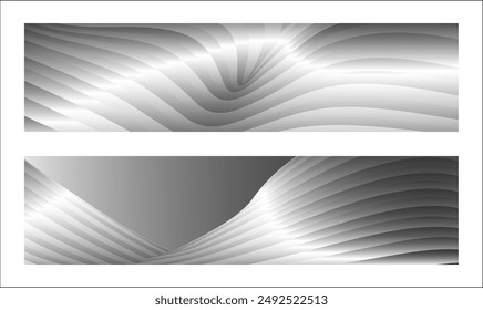 Monochrome cover design, abstract background. Wavy silver parallel gradient lines, ribbons, silk. Set of 2 backgrounds. Black and white with shades of gray banner, poster. eps vector