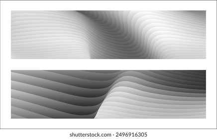 Monochrome cover design, abstract background. Wavy silver parallel gradient lines, ribbons, silk. Set of 2 backgrounds. Black and white with shades of gray banner, poster. eps vector