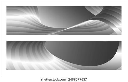 Monochrome cover design, abstract background. Wavy silver parallel gradient lines, ribbons, silk. Set of 2 backgrounds. Black and white with shades of gray banner, poster. eps vector