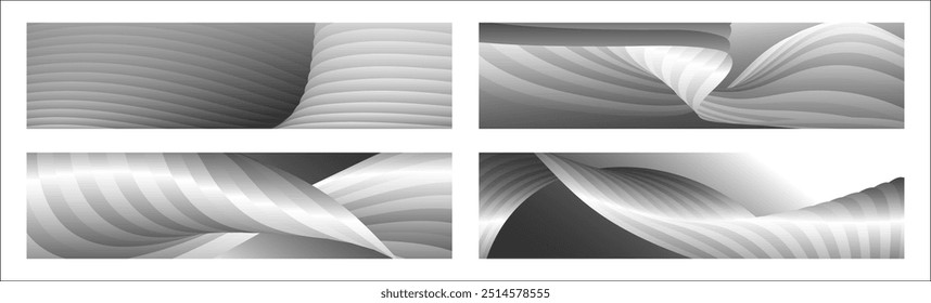 Monochrome cover design, abstract background. Wavy silver parallel gradient lines, ribbons, silk. Set of 4 backgrounds. Black and white with shades of gray banner, poster. eps vector