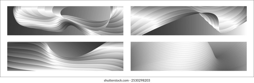 Monochrome cover design, abstract background. Wavy silver parallel gradient lines, ribbons, silk. Set of 4 backgrounds. Black and white with shades of gray banner, poster. eps vector