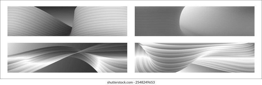 Monochrome cover design, abstract background. Wavy silver parallel gradient lines, ribbons, silk. Set of 4 backgrounds. Black and white with shades of gray banner, poster. eps vector