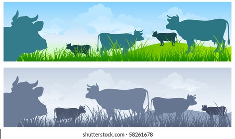 Monochrome cow silhouettes on green grass pasture over blue sky