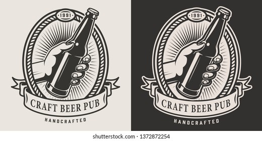 Monochrome Craft Beer Logo With Male Hand Holding Glass Bottle In Vintage Style Isolated Vector Illustration