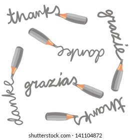 monochrome crayons  thanks grazie grazias danke english italian spanish german text cartoon style seamless pattern on white background