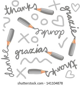 monochrome crayons  thanks grazie grazias danke english italian spanish german text cartoon style seamless pattern with gray doodle elements on white background