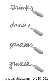 monochrome crayons  thanks grazie grazias danke english italian spanish german text cartoon style illustration with isolated text and pencil elements on white background