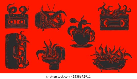 Monochrome creative art composition with tentacles giant octopus or fantasy kraken for tattoo, print in hand draw vintage style. Collection fashion vector illustration.