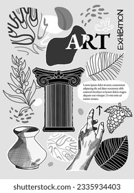 Monochrome creative flyer or poster concept with abstract geometric shapes and silhouettes on bright background. Roman and Greek vector illustration. Art posters for the exhibition,  magazine, cover