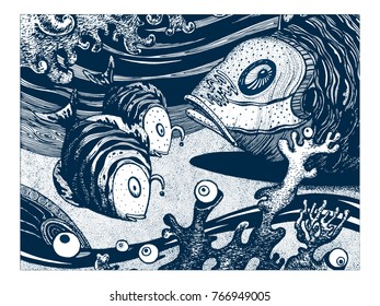 Monochrome creative illustration with a graphic of fish on the bottom of the sea. Abstract, fictional, fantasy characters, vector engraving, isolated on background.
