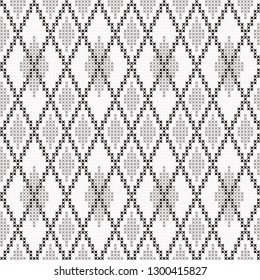 Monochrome cross stitch allover argyle motif. Seamless vector pattern for fabric, apparel textile, interior design, linen napkin, kitchen tablecloth. Retro Scottish folk ornament in black, white, grey
