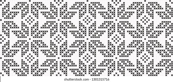 Monochrome cross stitch geometrical stars motif. Allover vector pattern for fabric, apparel textile, interior design, linen napkin, kitchen tablecloth. Retro Scandinavian folk ornament in black, white